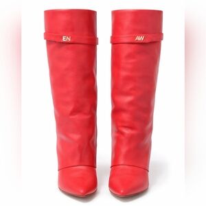 Red Knee-High Pointed Toe Boots | Gold Detail